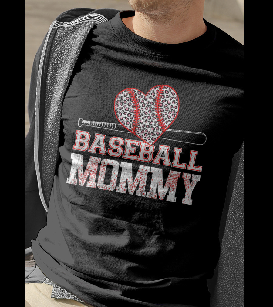 Baseball Mommy Leopard Heart With Bat T-Shirt