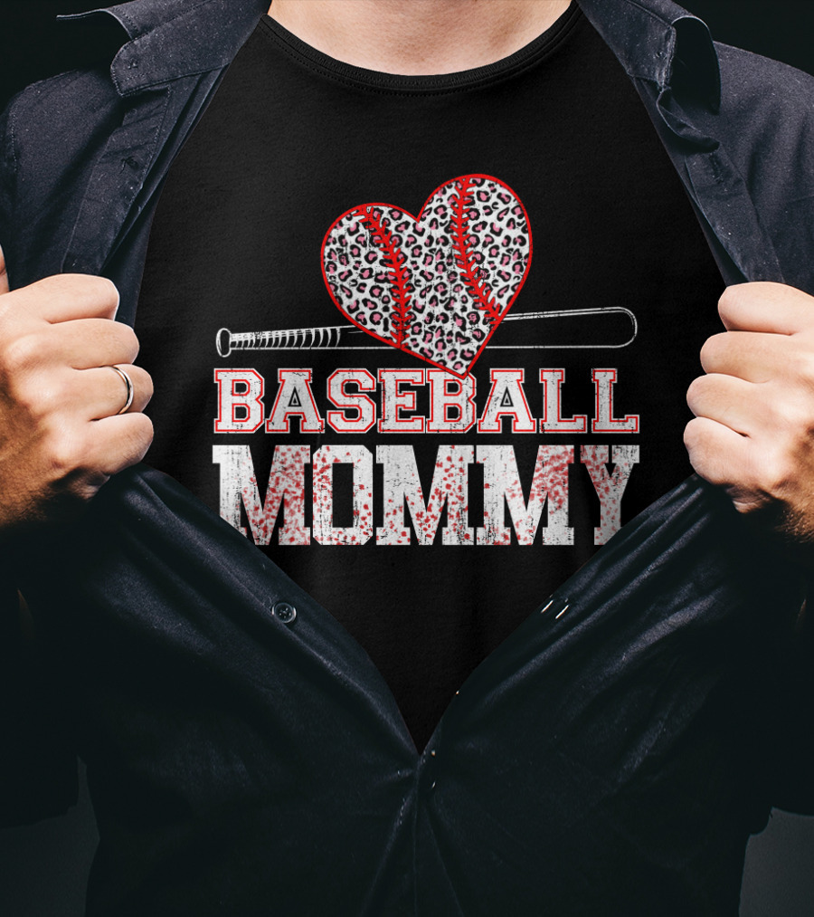 Baseball Mommy Leopard Heart With Bat T-Shirt