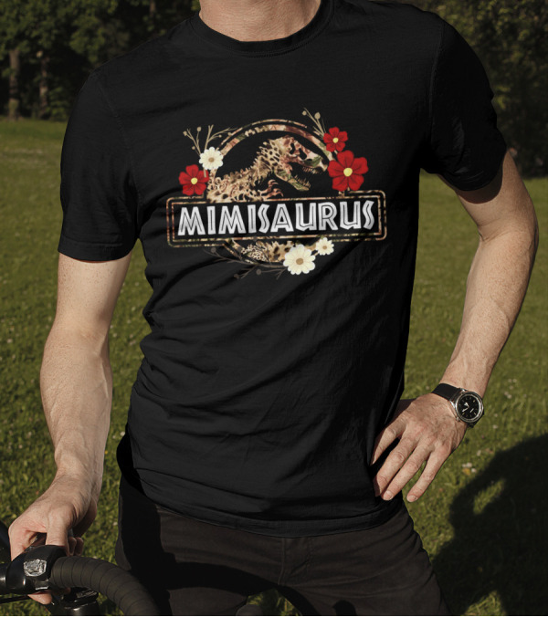 Mimisaurus Dinosaur Floral Design With Red And White Flowers T-Shirt