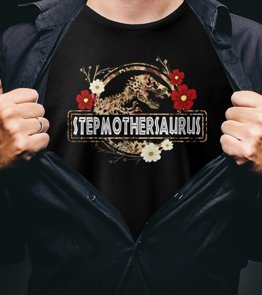 Stepmothersaurus Dinosaur Funny Stepmother Saurus With Floral Decoration T-Shirt