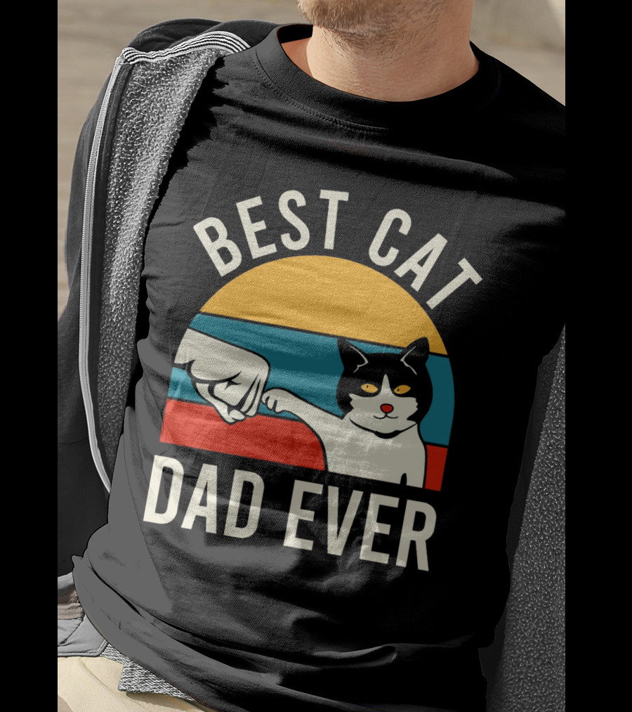 Best Cat Dad Ever Vintage Retro Cat Fist Bump Sunburst T-Shirt