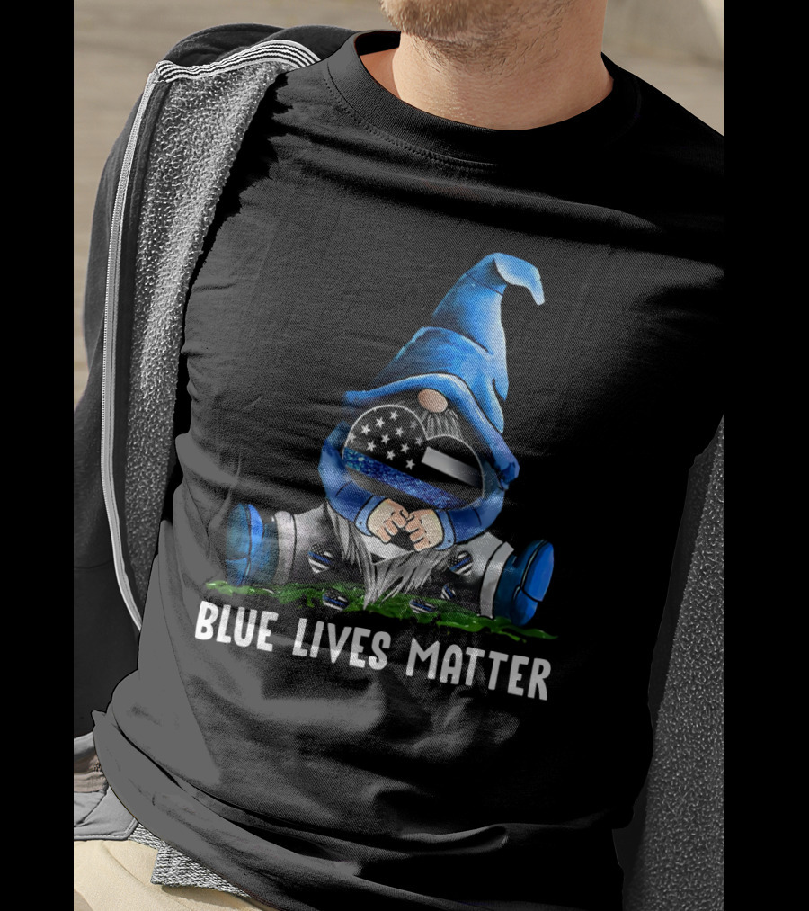 Blue Lives Matter Gnome Holding Thin Blue Line Flag T-Shirt