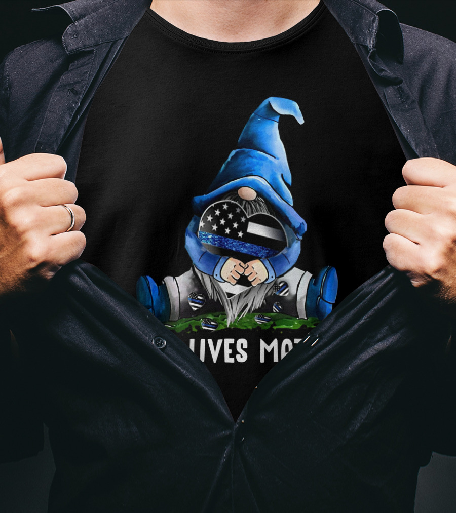 Blue Lives Matter Gnome Holding Thin Blue Line Flag T-Shirt