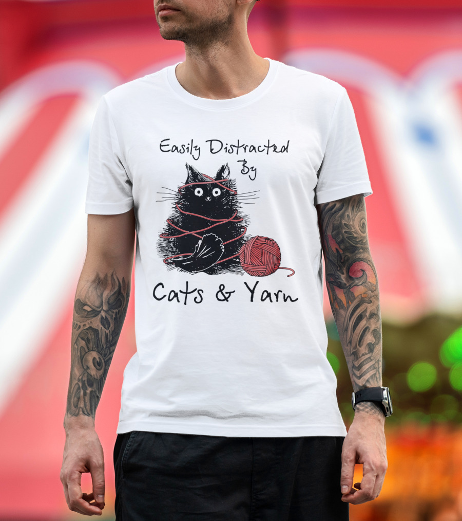 Easily Distracted by Cats and Yarn with Playful Cat Wrapped in Red Yarn T-Shirt