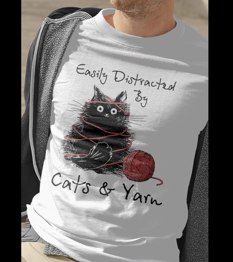 Easily Distracted By Cats And Yarn With Playful Cat Wrapped In Red Yarn T-Shirt