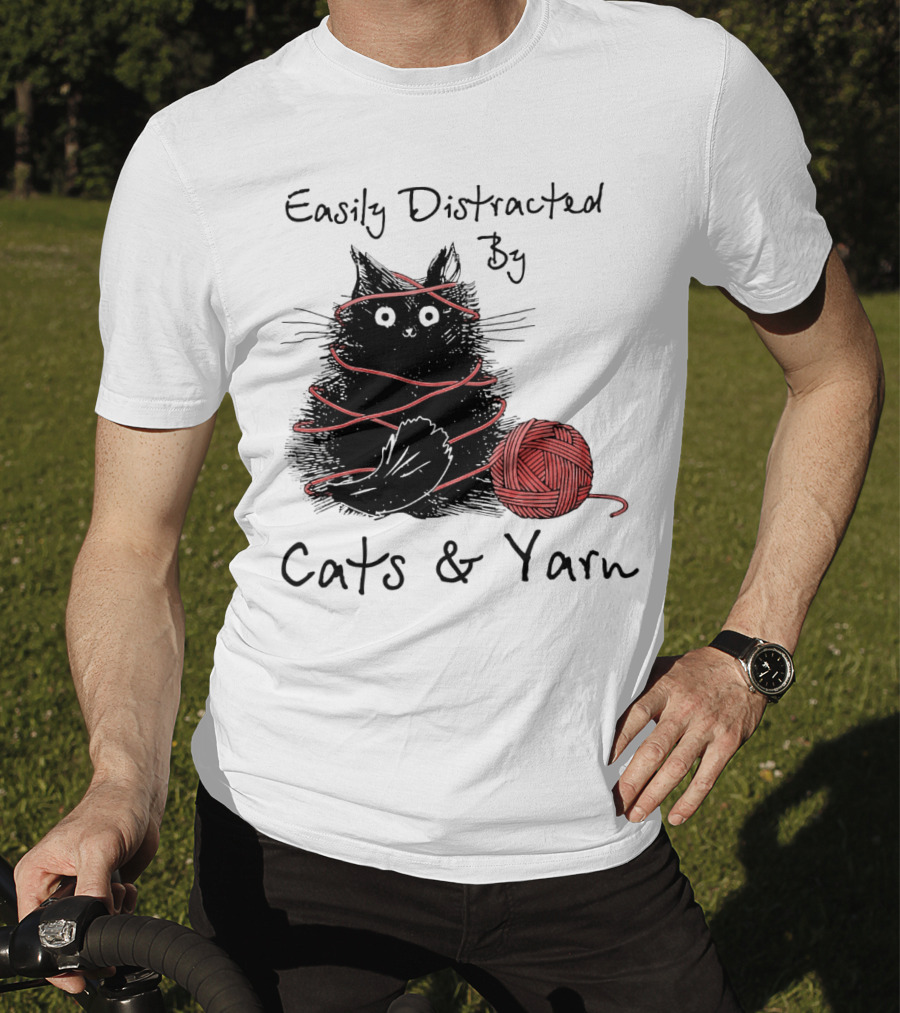 Easily Distracted By Cats And Yarn With Playful Cat Wrapped In Red Yarn T-Shirt