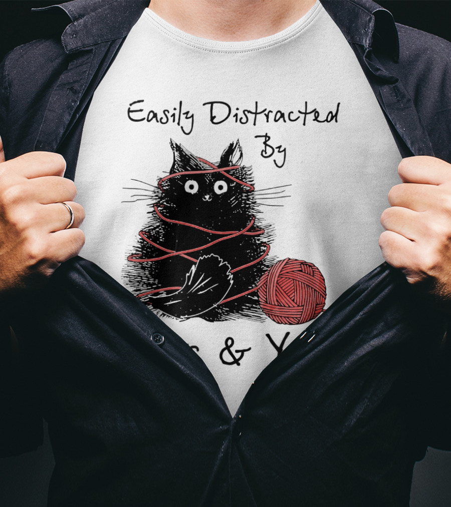Easily Distracted By Cats And Yarn With Playful Cat Wrapped In Red Yarn T-Shirt