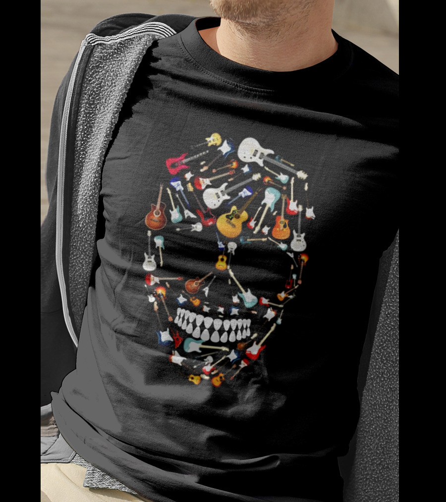 Guitar Skull Design Featuring Colorful Electric And Acoustic Instruments T-Shirt