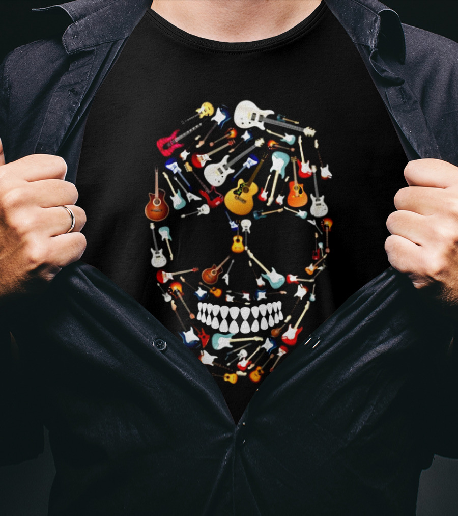 Guitar Skull Design Featuring Colorful Electric And Acoustic Instruments T-Shirt