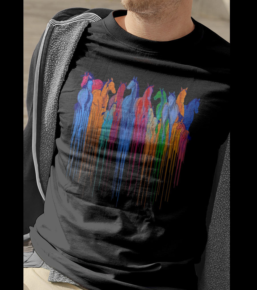 Horse Watercolor Rainbow Drip Multi-Color Herd T-Shirt
