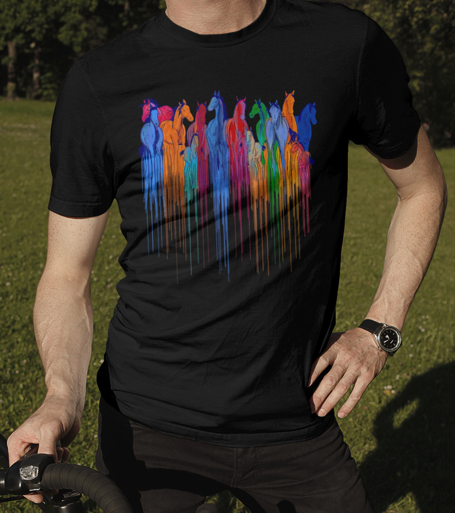 Horse Watercolor Rainbow Drip Multi-Color Herd T-Shirt