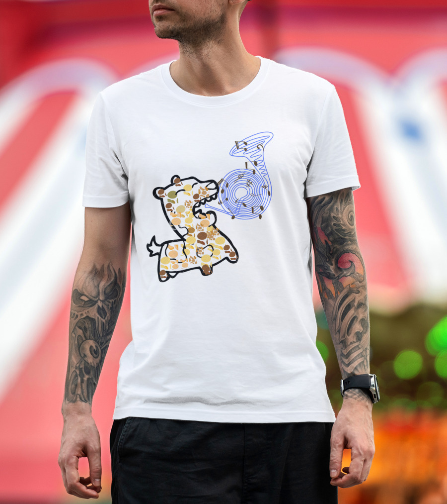 Playful Dog Surrounded by Music Notes with Colorful Trombone T-Shirt