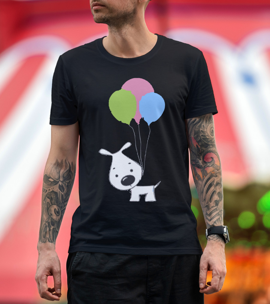 Playful Dog with Colorful Balloons Floating Effortlessly T-Shirt