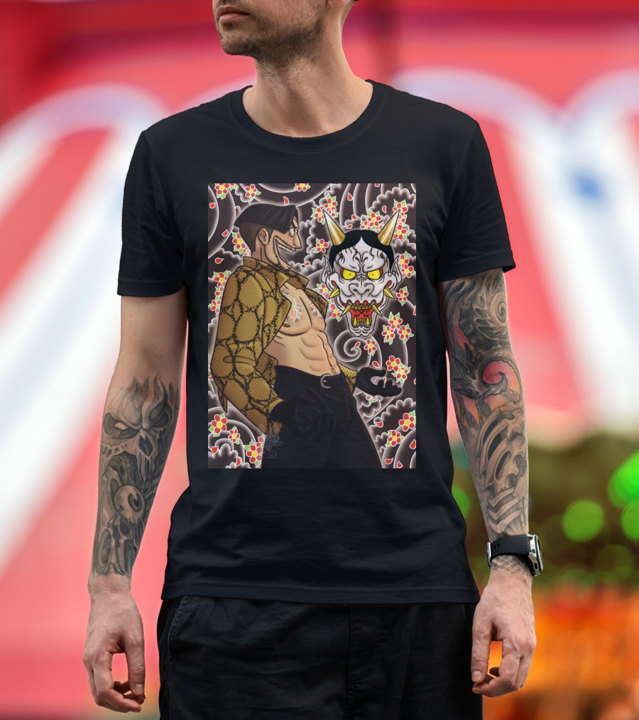Mad Dog of Shamano Oni Mask Floral Pattern Shirtless Character T-Shirt
