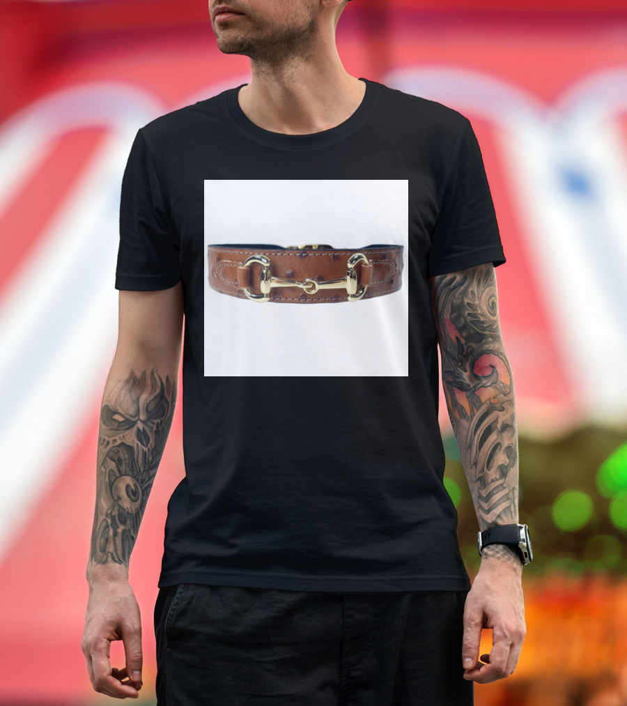 Luxury Brown Leather Dog Collar with Gold Hardware and Equine-Inspired T-Shirt