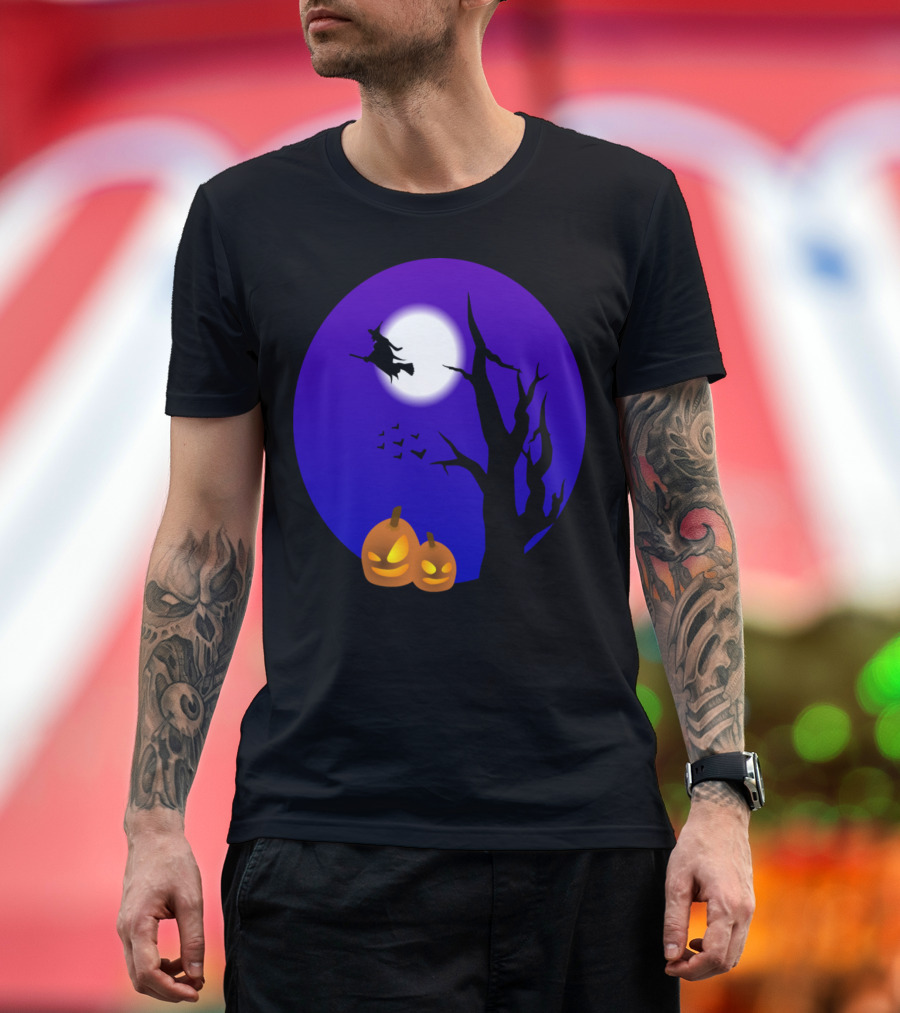 Flying Witch and Pumpkins Halloween Night Scene T-Shirt