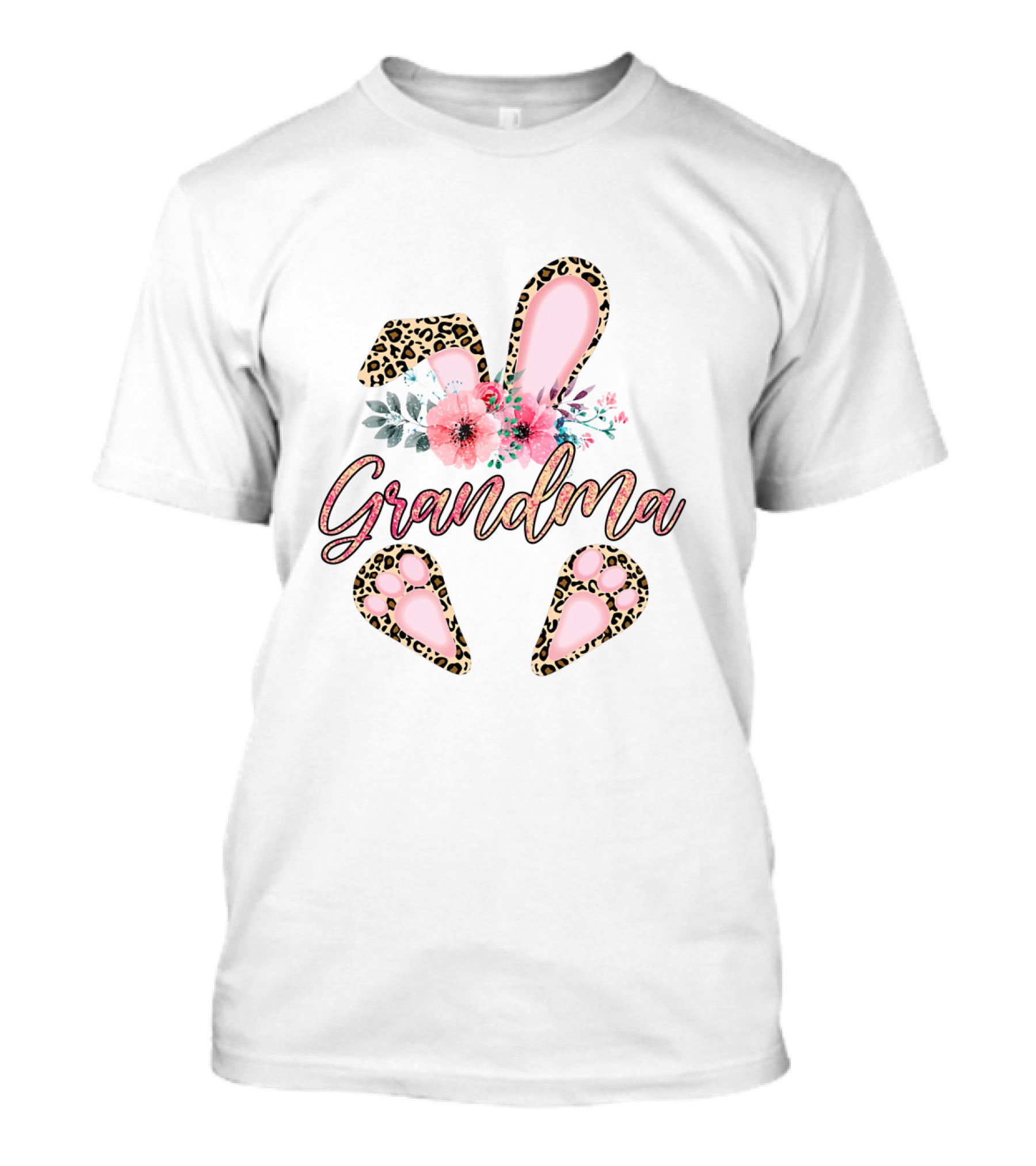 Grandma Leopard Floral Bunny Ears And Paw Prints T-Shirt