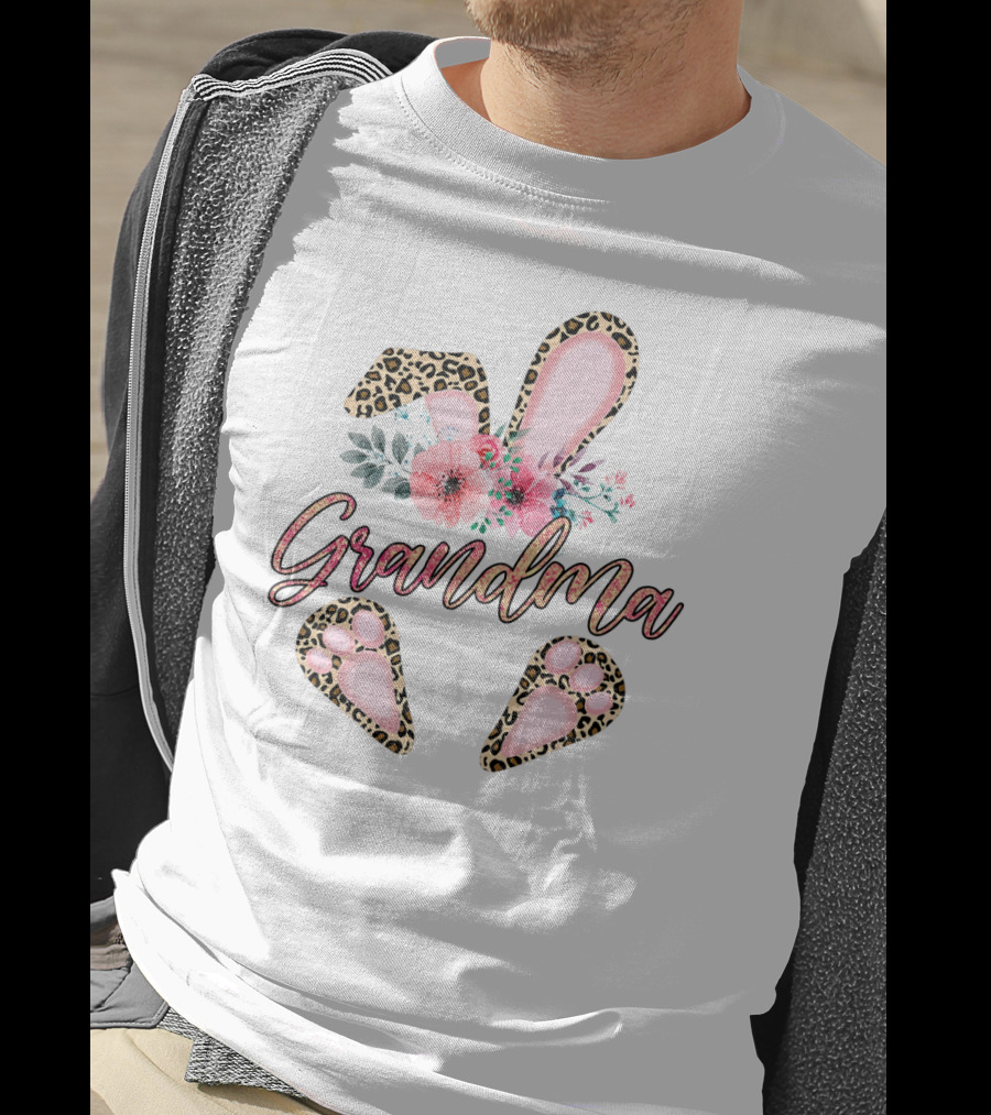 Grandma Leopard Floral Bunny Ears And Paw Prints T-Shirt
