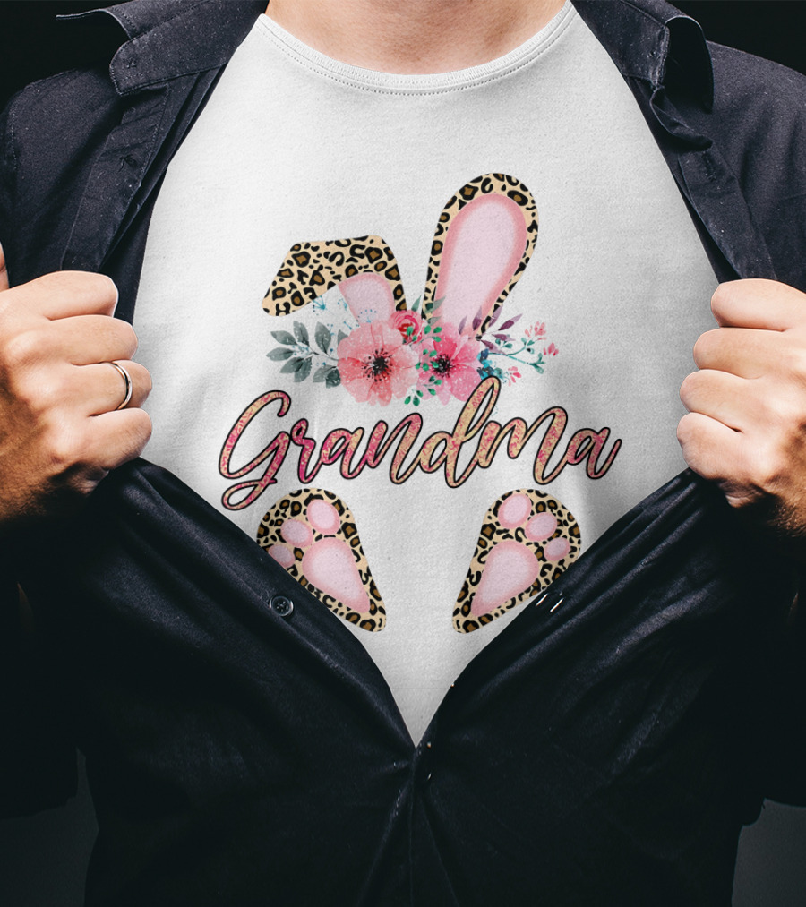 Grandma Leopard Floral Bunny Ears And Paw Prints T-Shirt