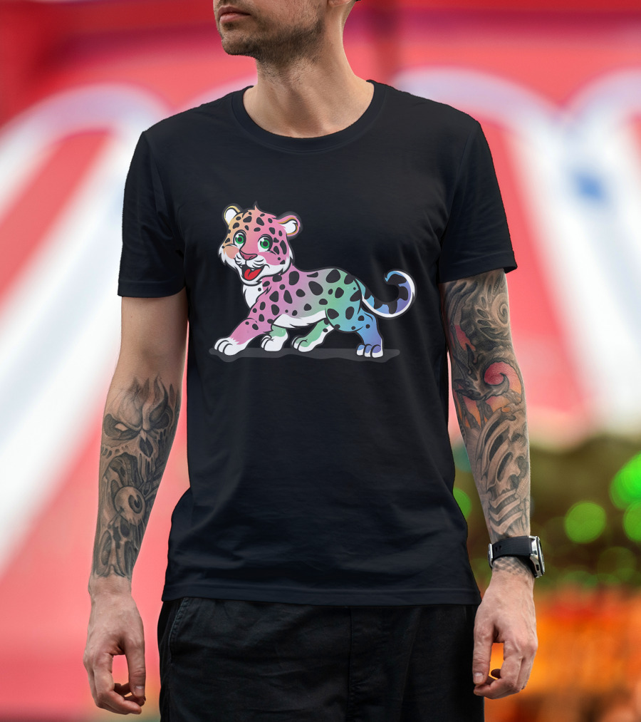 Adorable Rainbow Leopard Cat with Colorful Spots and Playful Expression T-Shirt