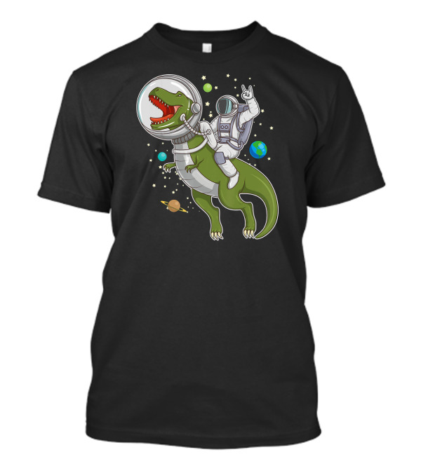 Astronaut On T-Rex Dinosaur In Space With Planets And Stars T-Shirt