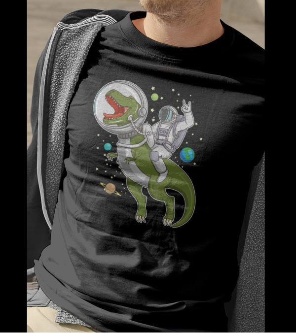 Astronaut On T-Rex Dinosaur In Space With Planets And Stars T-Shirt