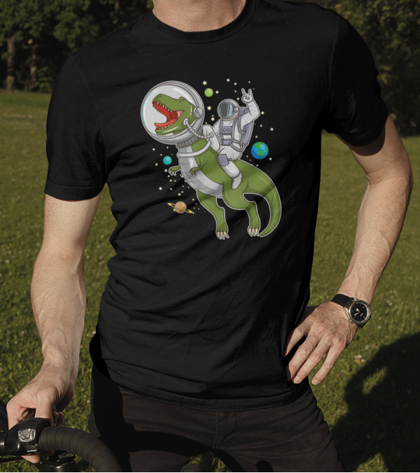 Astronaut On T-Rex Dinosaur In Space With Planets And Stars T-Shirt
