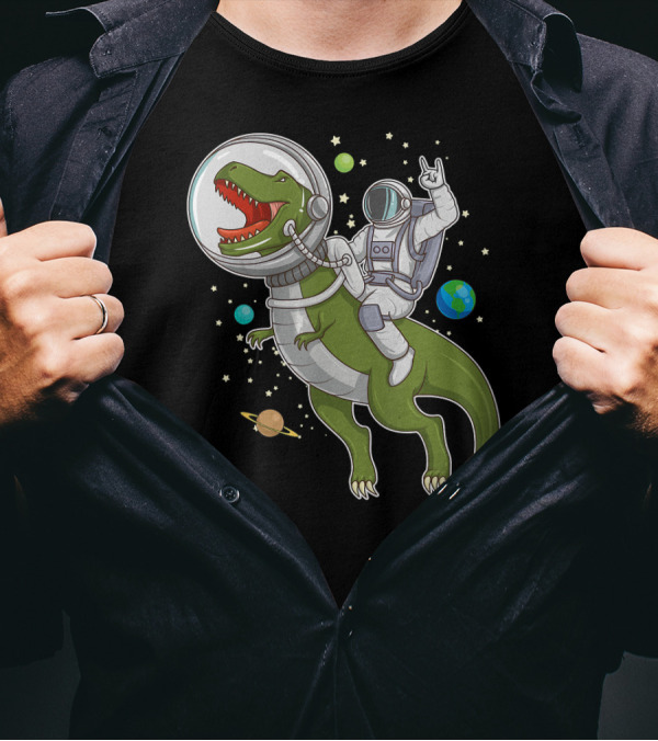 Astronaut On T-Rex Dinosaur In Space With Planets And Stars T-Shirt