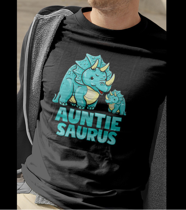 Auntie Saurus Blue Dinosaur Cartoon With Horns T-Shirt