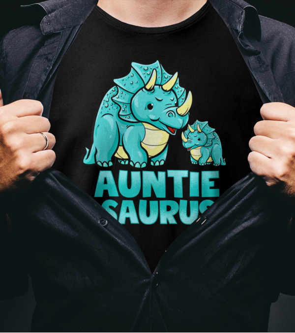 Auntie Saurus Blue Dinosaur Cartoon With Horns T-Shirt