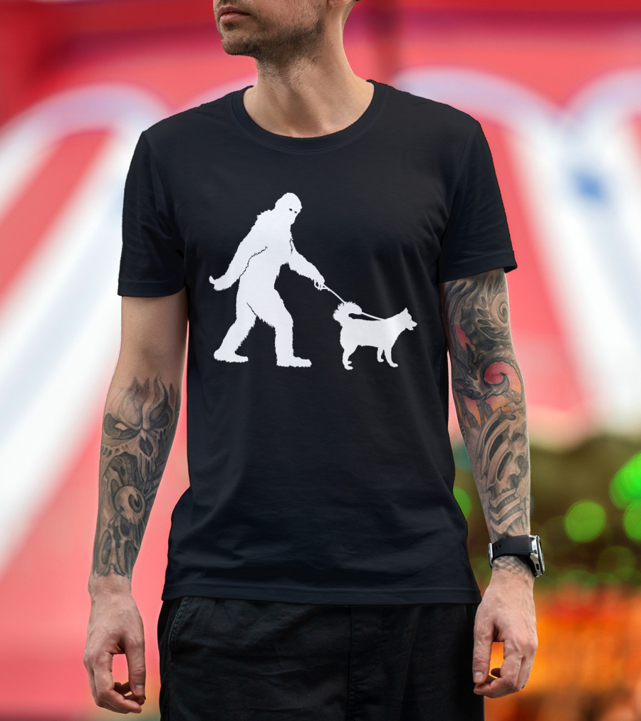 Bigfoot Sasquatch Walking Husky Dog Lovers T-Shirt