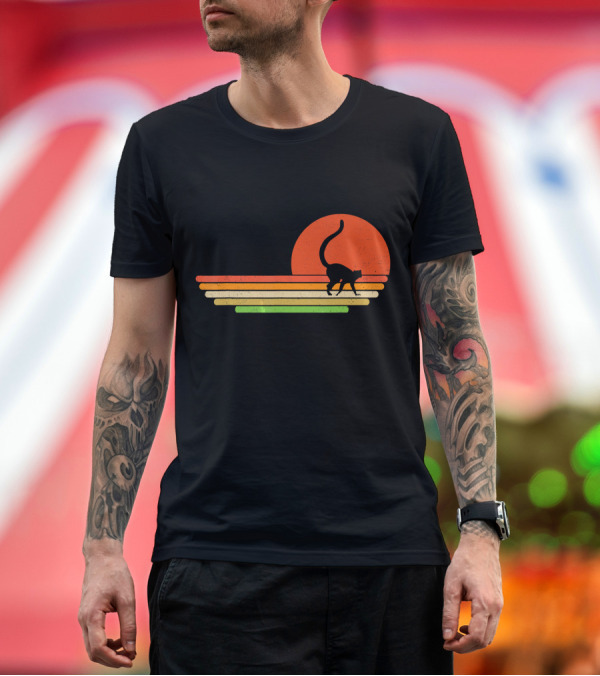 Premium T-Shirt: Distressed Lemur Sunset Silhouette Retro Stripes T-Shirt Distressed Lemur Sunset Silhouette Retro Stripes T-Shirt