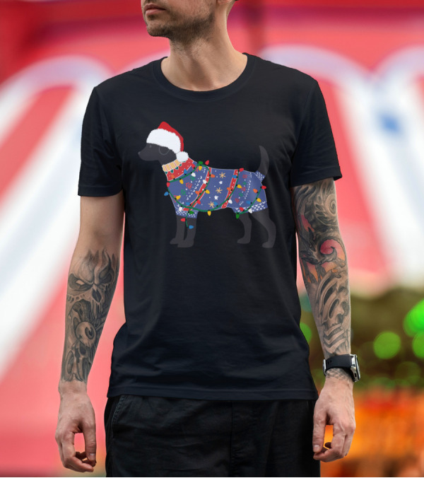 Premium T-Shirt: Black Lab Festive Christmas Lights Sweater Santa Hat T-Shirt Black Lab Festive Christmas Lights Sweater Santa Hat T-Shirt