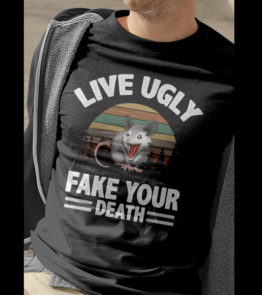 Live Ugly Fake Your Death Cool Angry Opossum Retro Sunset T-Shirt
