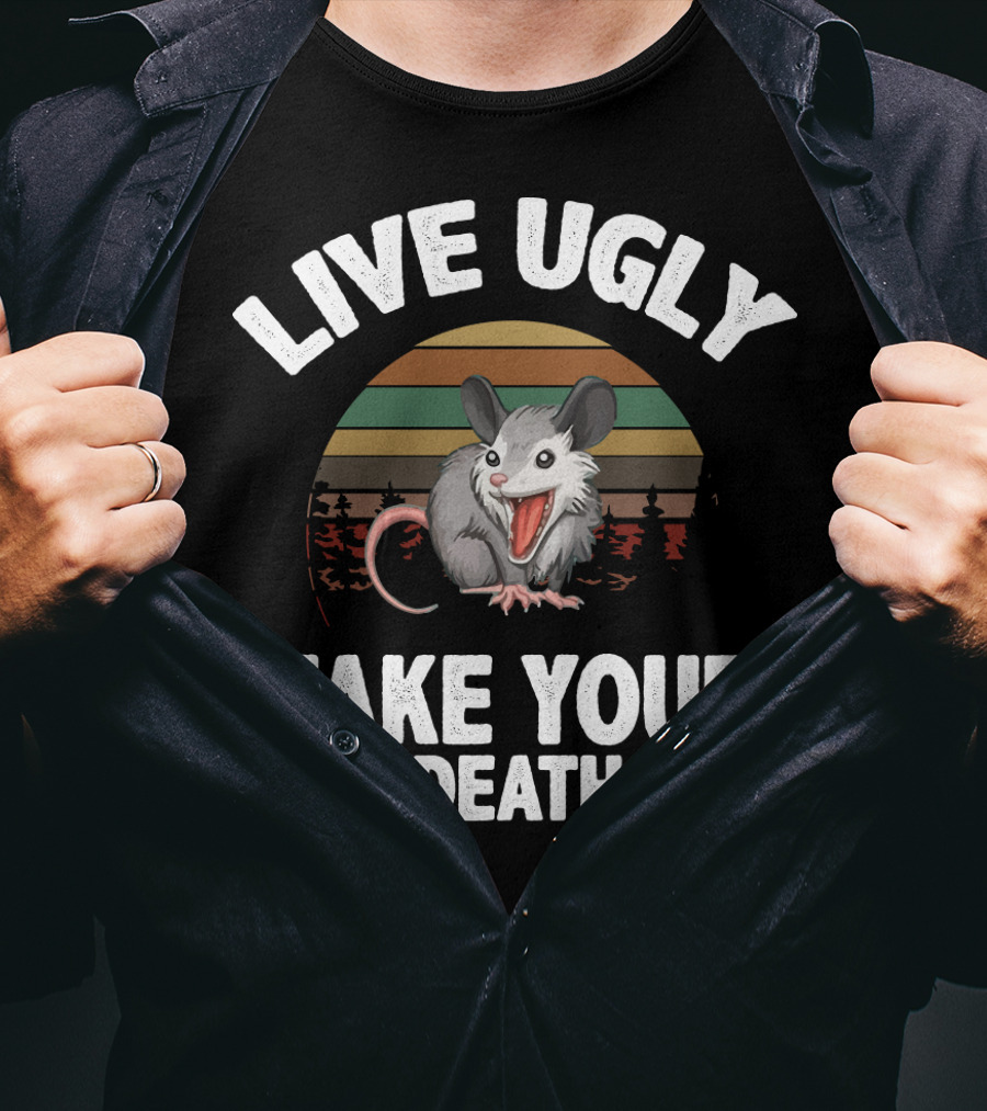 Live Ugly Fake Your Death Cool Angry Opossum Retro Sunset T-Shirt