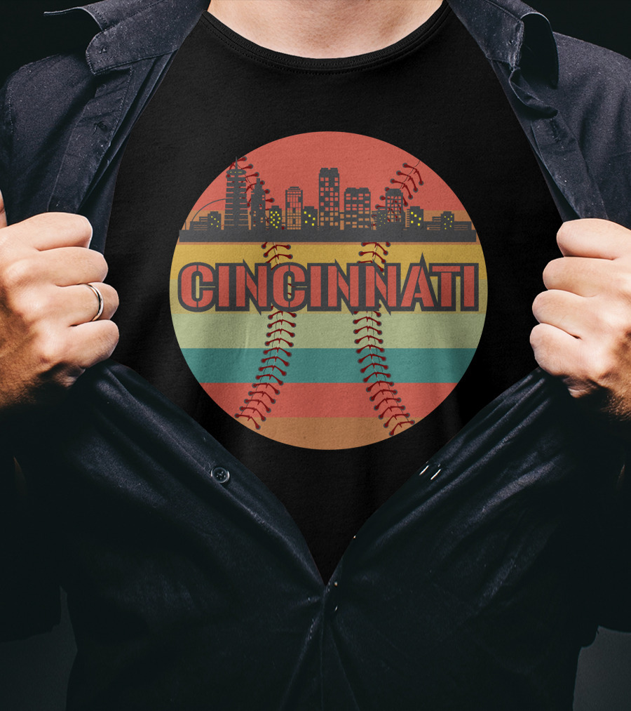 Cincinnati Skyline Vintage Baseball Cityscape Retro Stripes T-Shirt