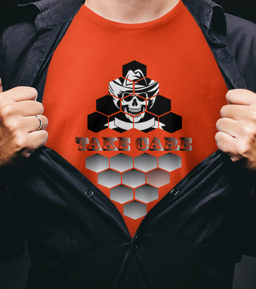 Take Care Hexagonal Cowboy Skull T-Shirt