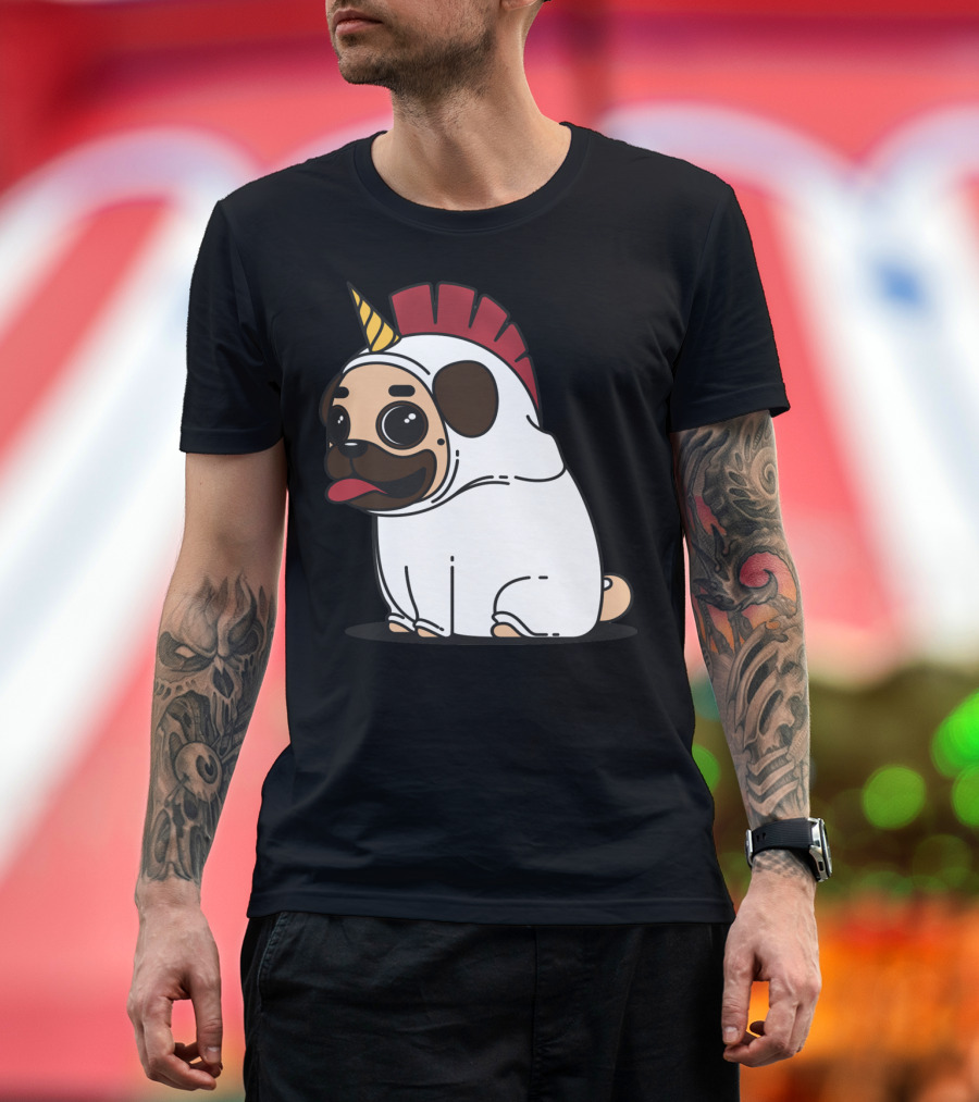 Cute Pug Dog Tandu Unicorn Costume with Red Mohawk T-Shirt