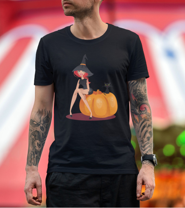 Premium T-Shirt: Happy Halloween Cute Witch with Pumpkin and Cat T-Shirt Happy Halloween Cute Witch with Pumpkin and Cat T-Shirt