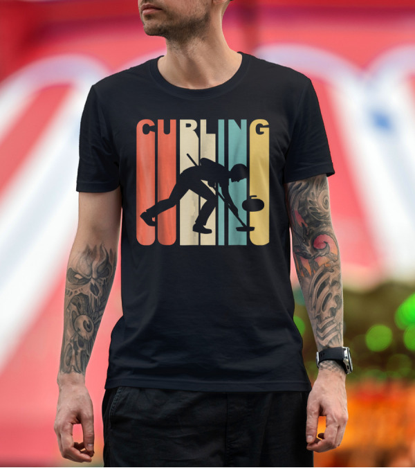 Premium T-Shirt: Retro 1970s Curling Curler Winter Sport T-Shirt Retro 1970s Curling Curler Winter Sport T-Shirt