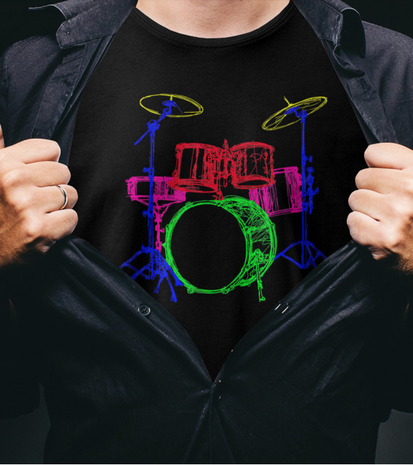 Retro 80s Neon Drum Kit Instrument Vibrant Colors T-Shirt