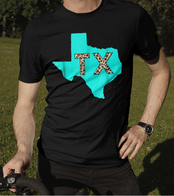 Texas Leopard Print TX Aqua State Outline T-Shirt