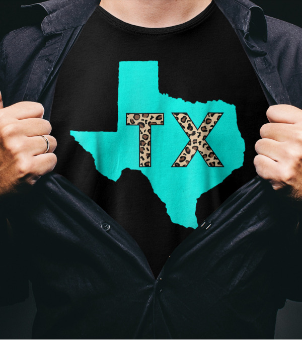 Texas Leopard Print TX Aqua State Outline T-Shirt