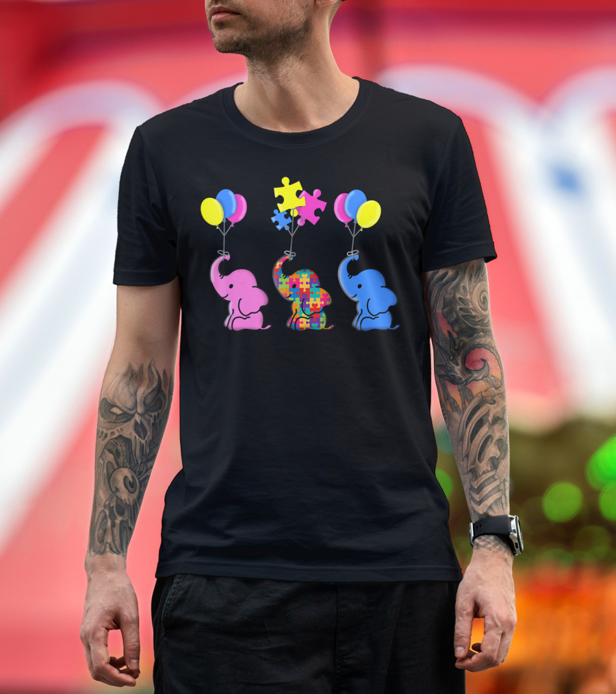 Autism Awareness Elephant with Puzzle Pattern and Balloons T-Shirt