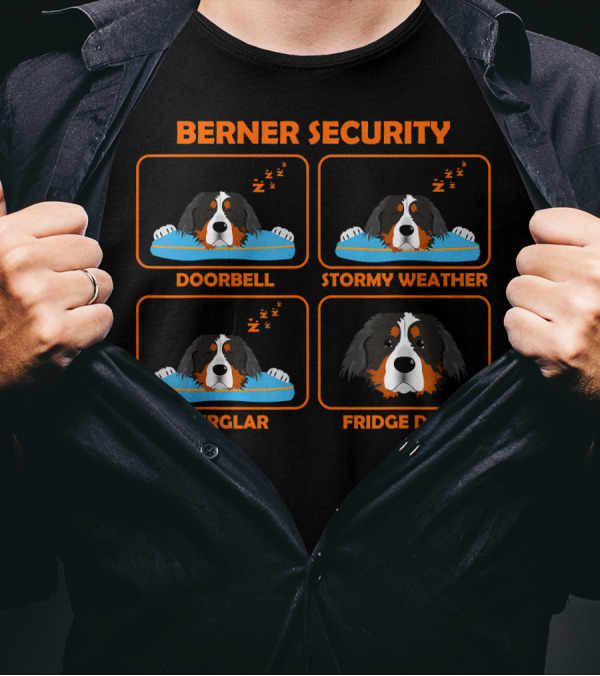 Berner Security Doorbell Stormy Weather Burglar Fridge Door Bernese Mountain Toon Typhoon T-Shirt