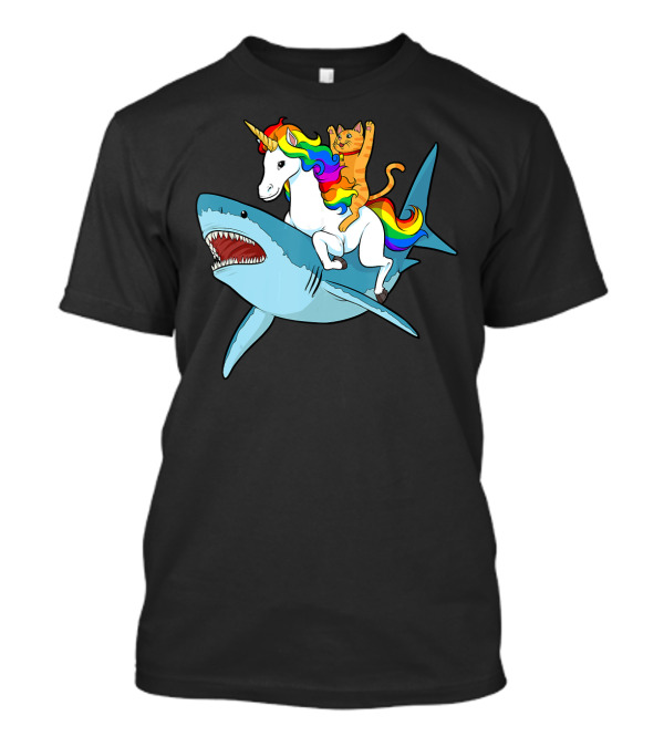 Cat Riding Rainbow Unicorn Riding Shark T-Shirt