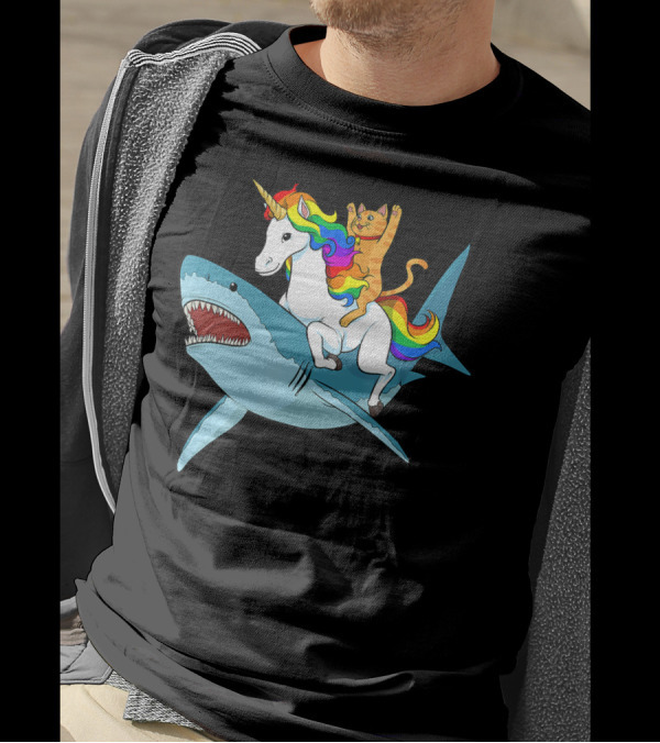 Cat Riding Rainbow Unicorn Riding Shark T-Shirt