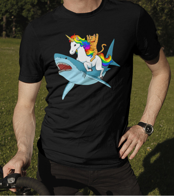 Cat Riding Rainbow Unicorn Riding Shark T-Shirt