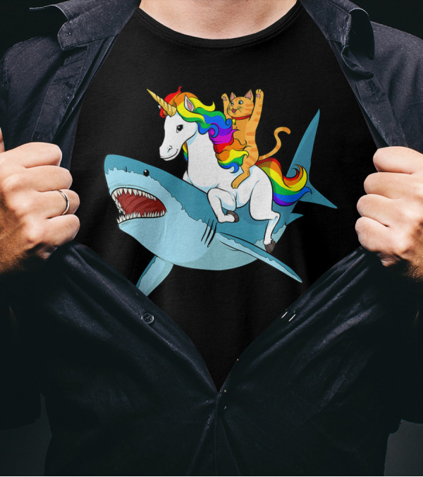 Cat Riding Rainbow Unicorn Riding Shark T-Shirt
