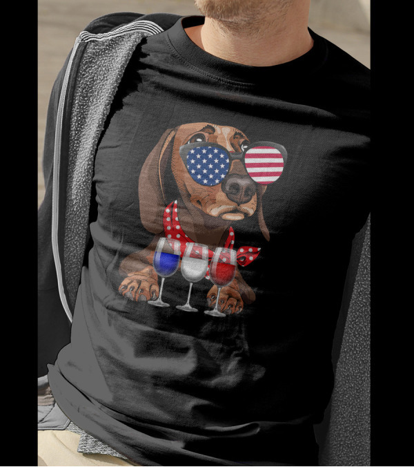Dachshund With American Flag Sunglasses And Wine Glasses For 4th Of July T-Shirt